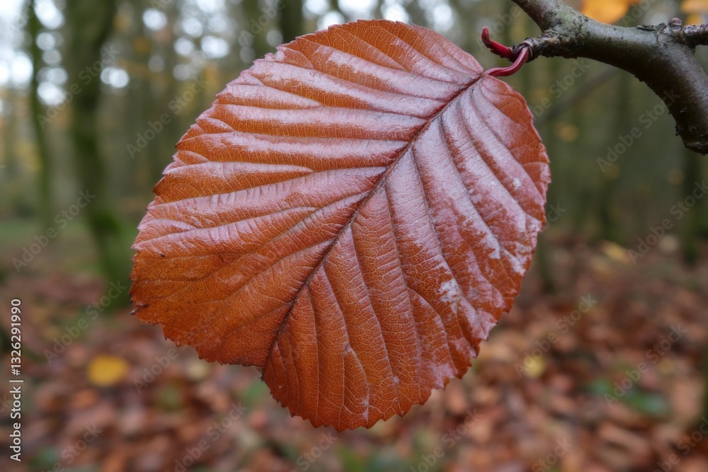 Poster rustic brown leaf rests on a branch in a serene autumn forest filled with fallen leaves
