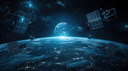 Naklejka premium A conceptual futuristic Earth surrounded by solar satellites, collecting and beaming clean energy back to the planet.