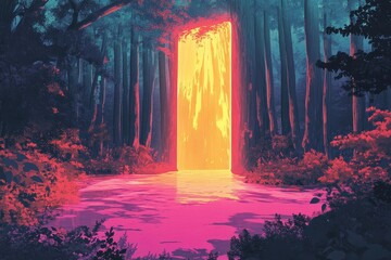Fototapeta premium A vibrant portal glows amidst a dark and lush forest scene