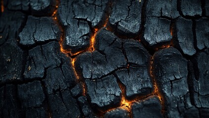 Close-up of charred wood with glowing embers, texture for backgrounds and design