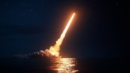 Obraz premium rocket launch at night over the ocean.