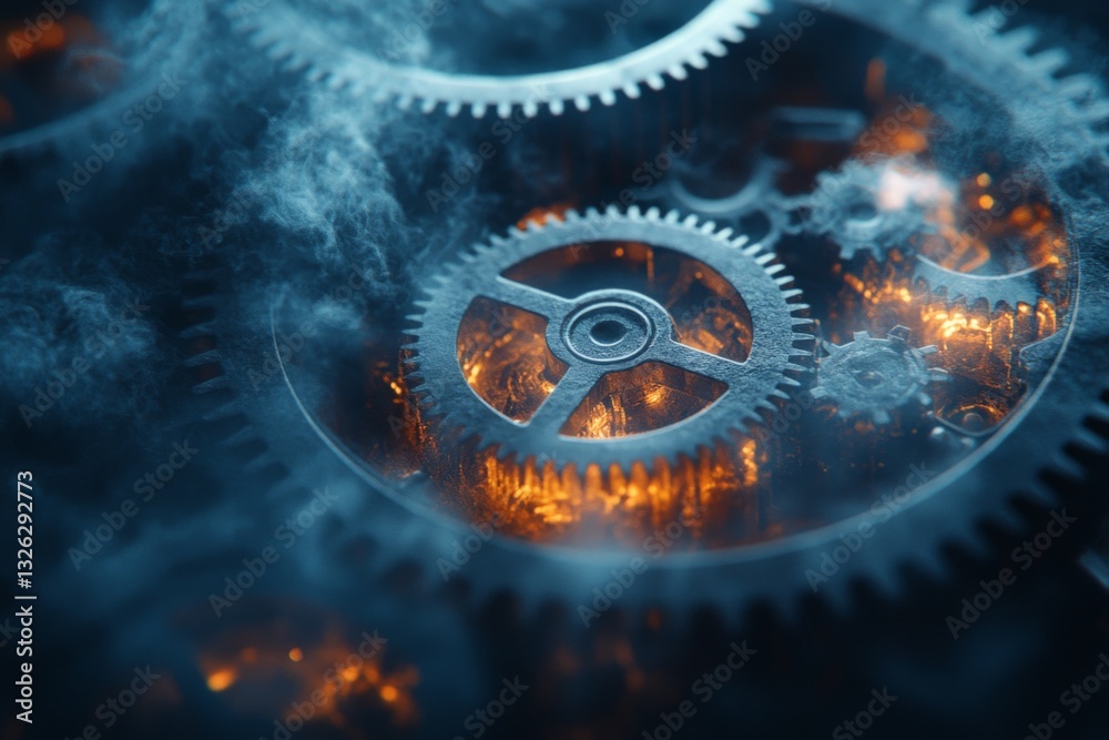 Fototapete intricate gears and cogs illuminated by a mysterious glow in a dark, smoky environment