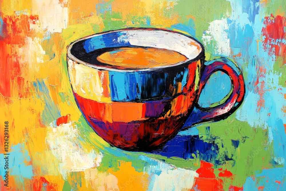 Poster brightly colored coffee cup displayed against a vibrant abstract background featuring bold strokes a
