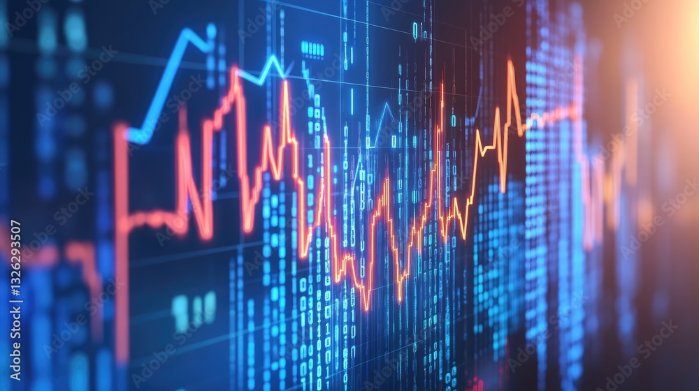 Poster a digital business growth concept with upward-trending graphs and binary code overlays.