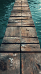 Fototapeta premium Wooden plank footbridge crossing turquoise waters, connecting lush landscapes with minimalist architectural design and serene natural surroundings