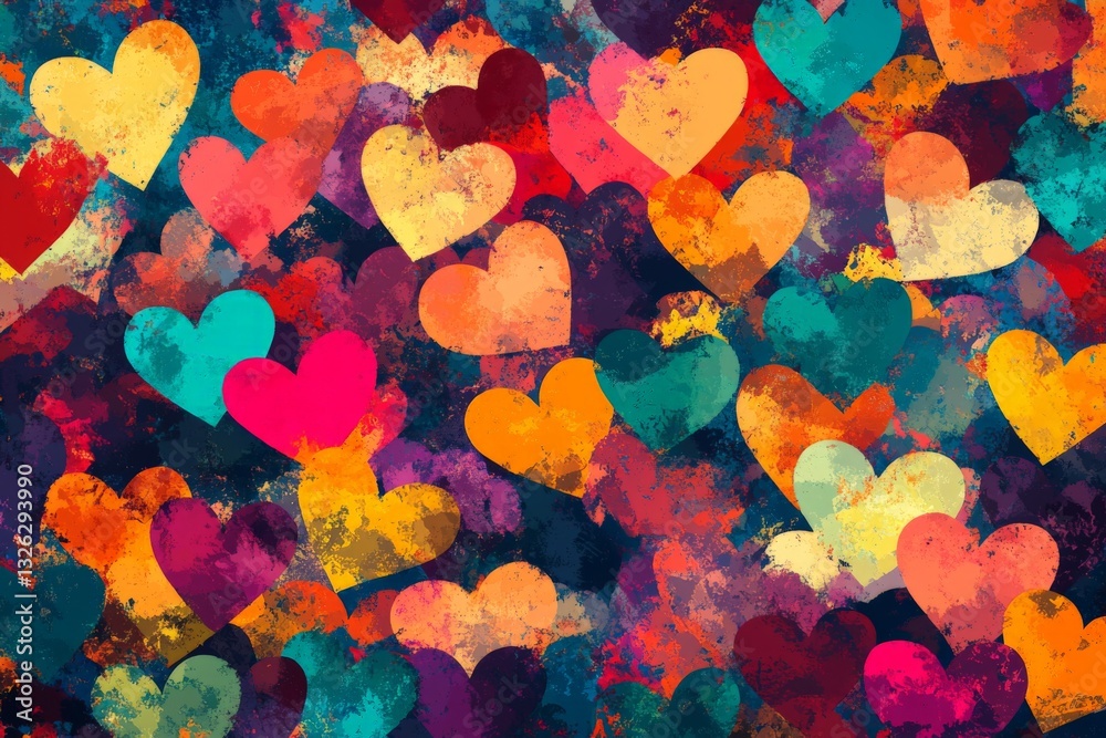 Poster colorful hearts pattern fills the background with vibrant hues for a festive atmosphere