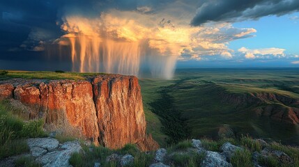 Fototapeta premium Heavy rain pours from dark clouds over a high mountain plateau, illuminating the rocky cliffs. The landscape glows with vibrant colors as the sun sets, creating a dramatic contrast with the storm