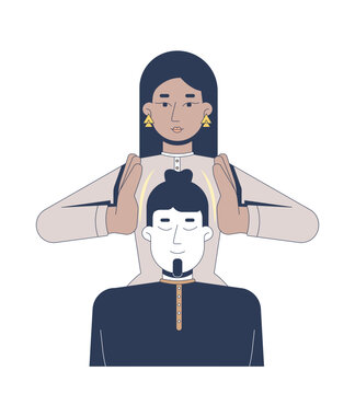 Energy healing with reiki therapy 2D vector illustration. Eastern wellness spiritual. Asian woman healer palms pranic healing man flat characters isolated on white background. Colorful cartoon image