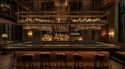 Rows of pristine stemware hanging inverted on industrial brass racks, backlit by golden Edison bulbs creating dramatic glass reflections, weathered copper bar top with leather bar stools visible in