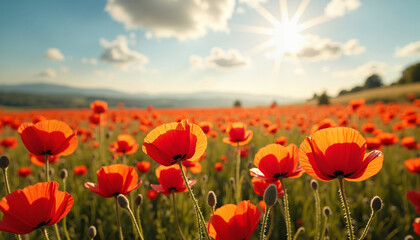 Obraz premium Vibrant poppy flowers blooming in sunny field