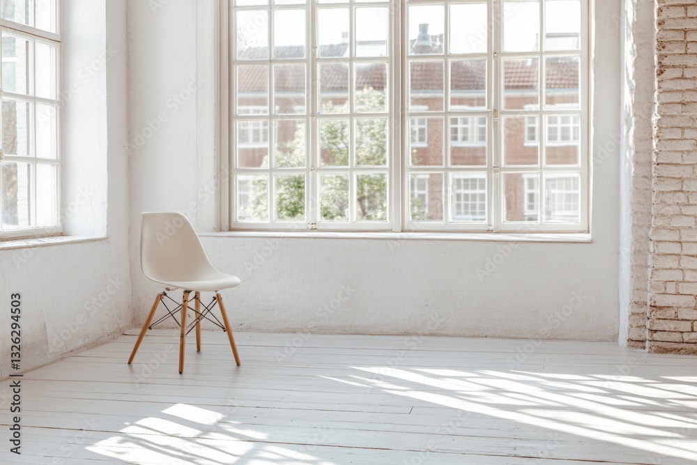 Poster bright and minimalistic room with a white chair and large windows letting in natural light
