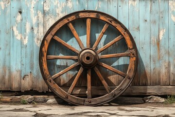 Obraz premium Rustic wooden wagon wheel against a weathered blue wooden wall in rural setting, showcasing craftsmanship and history