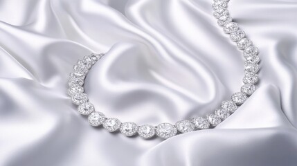 A classic diamond bezel-set necklace, elegantly displayed on a sleek white silk fabric