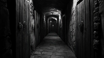 Obraz premium Dark Mysterious Dungeon Corridor with Stone Walls and Wooden Doors Ideal for Fantasy Horror