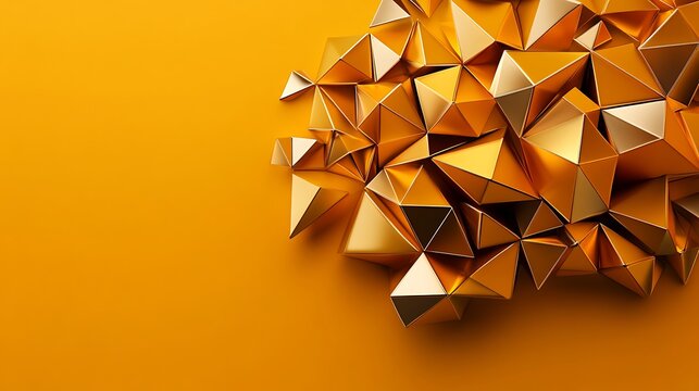 Golden Geometric 3D Render: Abstract Triangular Forms on Amber Background AI Generated