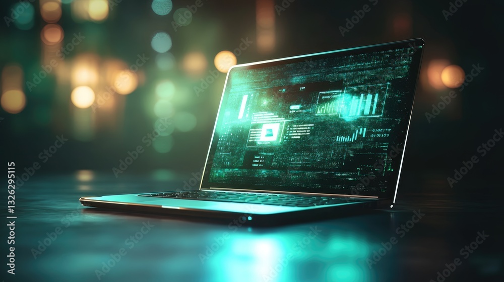 Poster a futuristic laptop displaying a cyber business security dashboard with encrypted data.