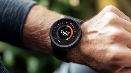 Modern Fitness Tracker on a Man Wrist, Showing Health Metrics and Time.