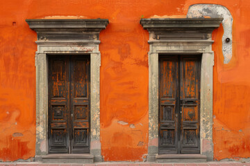 Fototapeta premium Photo of Orange concrete wall with two old wooden doors in european city. Detailed image
