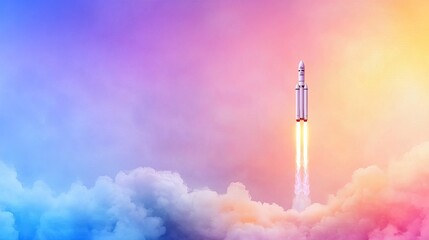 Rocket launch amidst vivid sky with colorful clouds and smoke trail