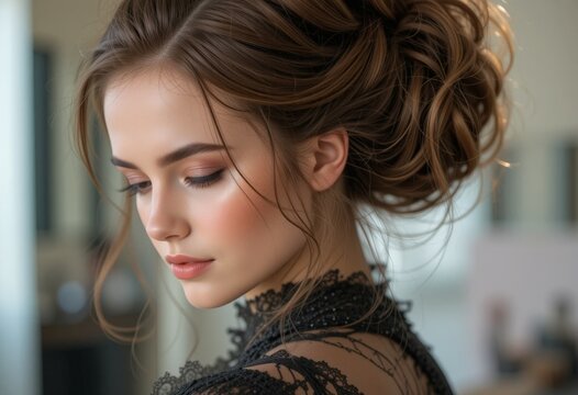 Beautiful girl with great makeup and stylish hairdo. Makeup and hairdo perfectly highlight facial features. For advertising a beauty salon, hairdresser, makeup studio and cosmetic services