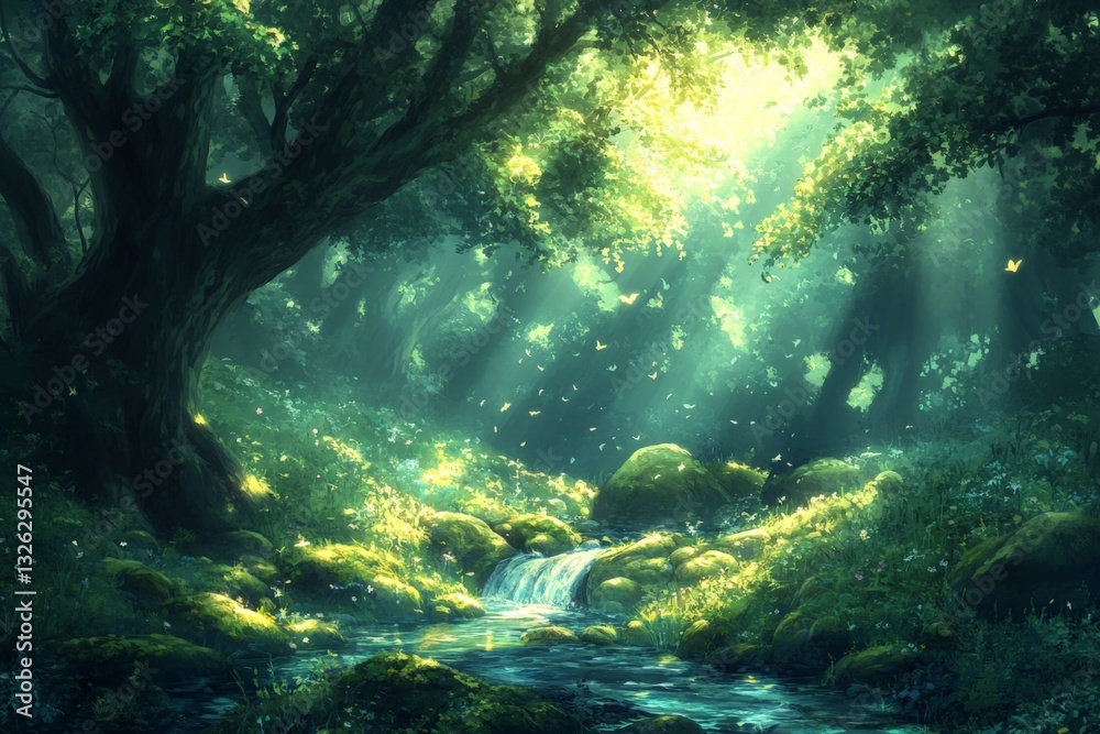 Poster sunlight filtering through trees reveals a serene forest stream surrounded by vibrant greenery in an