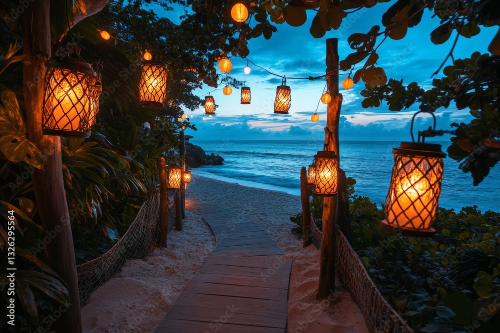 Poster Walkway adorned with lanterns leading to the serene beach at dusk with a calm ocean view