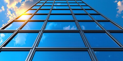 Striking tall building with blue sky and clouds providing an elegant skyscraper facade with blue tinted