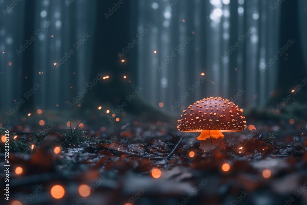 Poster mushroom with glowing spots in a misty woodland during twilight, surrounded by floating light partic