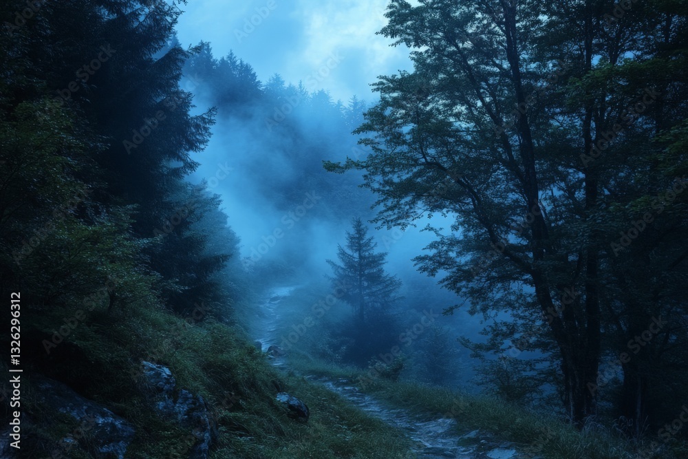 Poster mysterious fog envelops a tranquil forest path on a cool morning