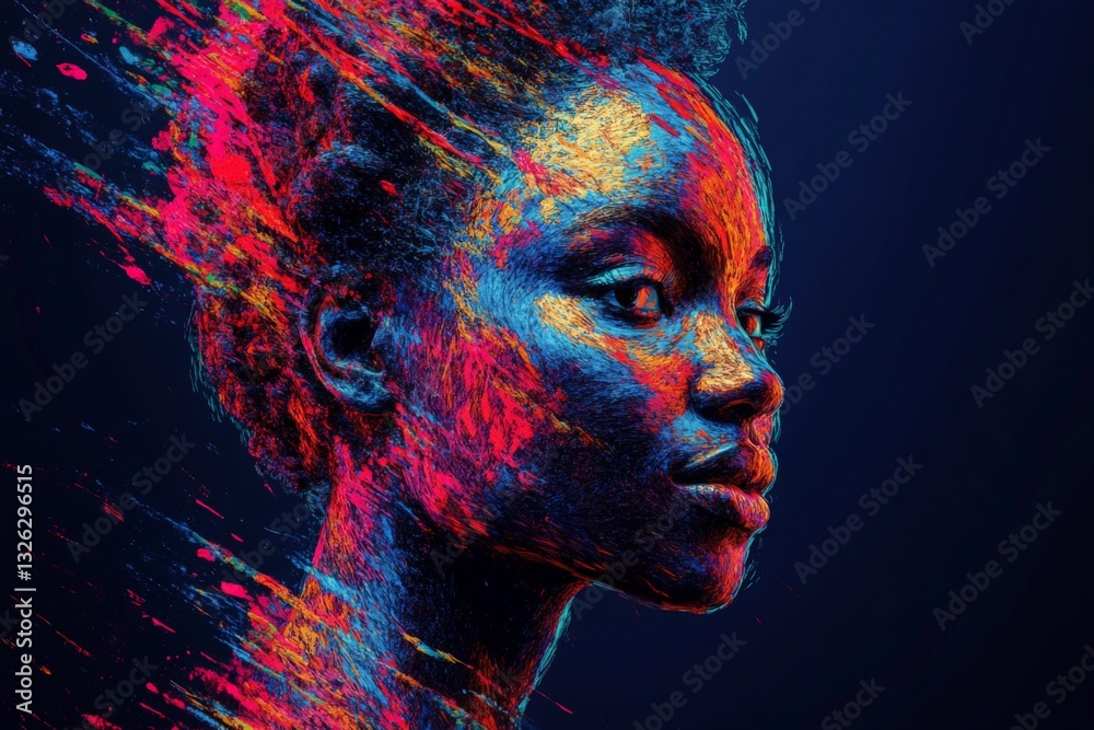 Aufkleber vibrant artistic expression of a woman's profile with abstract colors blending against a dark backgr
