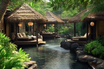 Relaxation in tropical spa huts surrounded by lush greenery and tranquil waters at a secluded resort