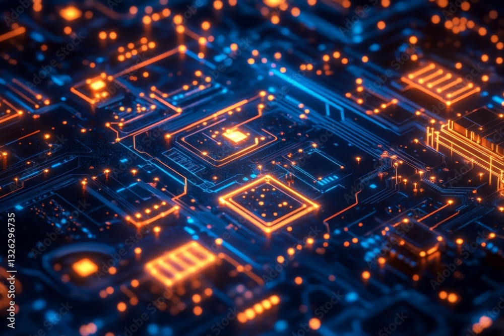 Poster intricate circuit board illuminated by glowing blue and orange lights showcasing advanced technology