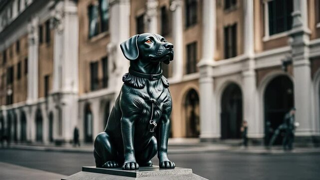 Dog statue in a city.