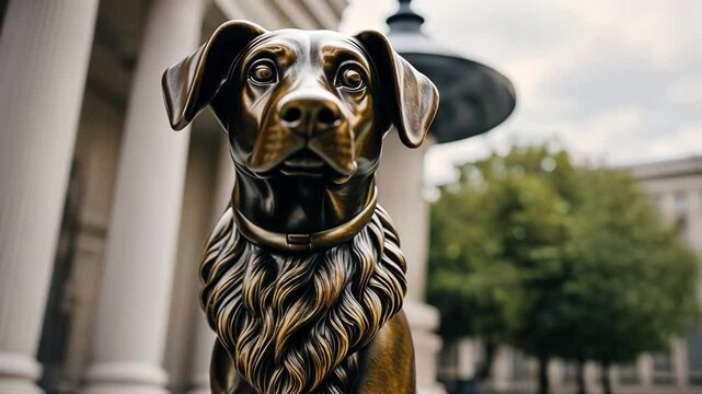 Dog statue in a city.