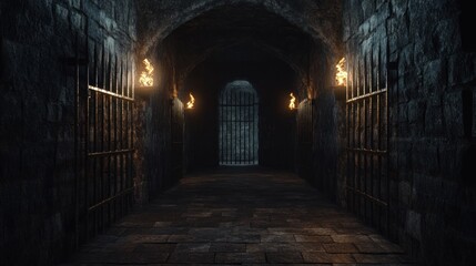 Obraz premium Dark Dungeon Corridor with Stone Walls Iron Bars and Flickering Torches Ideal for Fantasy
