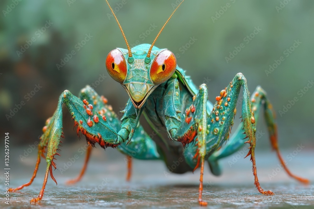 Poster Vibrant green mantis showcasing intricate patterns and details in a natural environment during daylight