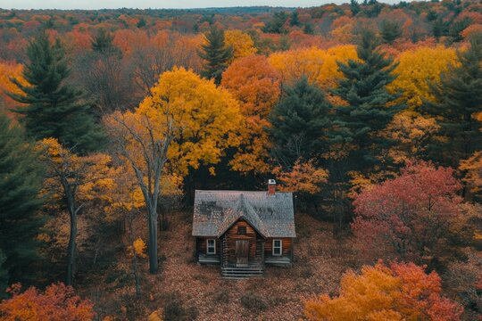 Charming wooden cabin nestled in vibrant autumn forest surrounded by colorful trees