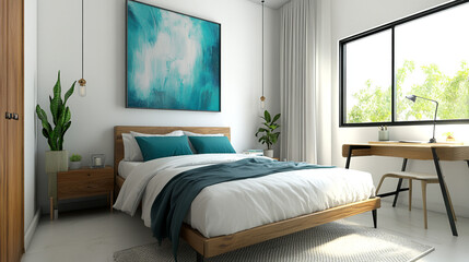 Modern bedroom interior in blue and beige tones.