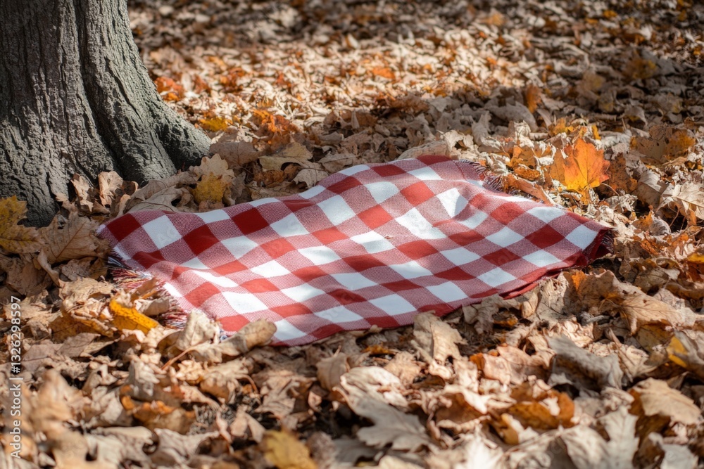 Poster checkered blanket on autumn leaves under a tree in a serene park setting