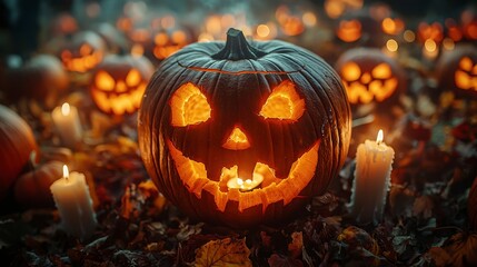 A single pumpkin with a carved jack-o-lantern face glowing in a spooky halloween pumpkin patch setting the mood for fall