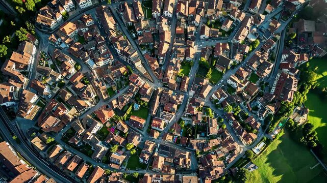 Bird's eye view of the historic old town of Mels Sa showcasing its circular layout and charming architecture, Aerial view around the old town of the city Mels, Sargans in Switzerland on a sunny day
