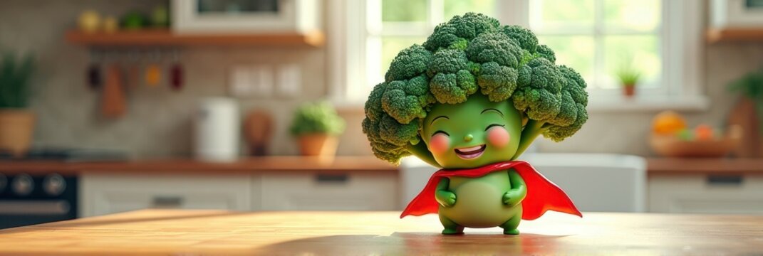 Smiling broccoli cartoon character in red cape in bright kitchen scene