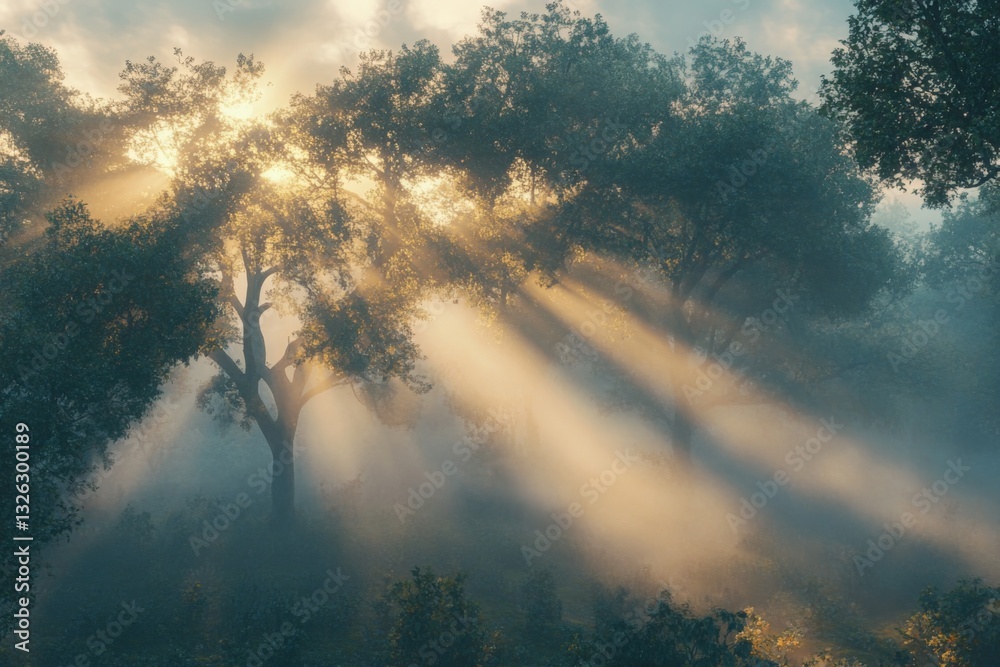 Aufkleber sunlight breaking through trees in a misty forest during early morning hours