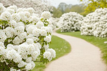 Springtime Stroll Through a Vibrant Green Park Filled With Blooming White Flowers and Winding Pathways to Enjoy Nature's Beauty