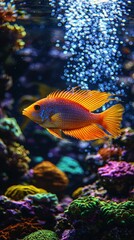 Fototapeta premium Striking peacock cichlid swimming gracefully in a colorful reef tank with vibrant marine life surrounding it