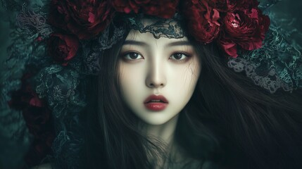 a dreamy portrait of a young woman with long flowing hair adorned with ornate floral headpieces