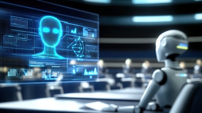 Robotic intelligence advancement conference virtual setting multimedia presentation high-tech environment futuristic viewpoint ai concept