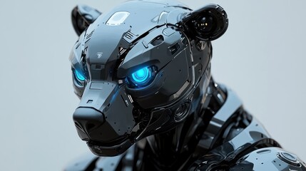 Fototapeta premium A futuristic robotic bear with sleek black and silver plating, glowing neon blue LED eyes, on a pastel gray background