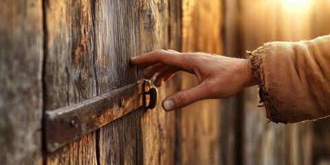 Hand opening a wooden door to the light. Can be used as a Gospel illustration, Christian background