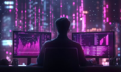 Obraz premium a person works with multiple monitors showing data in a dark room with lights behind the window